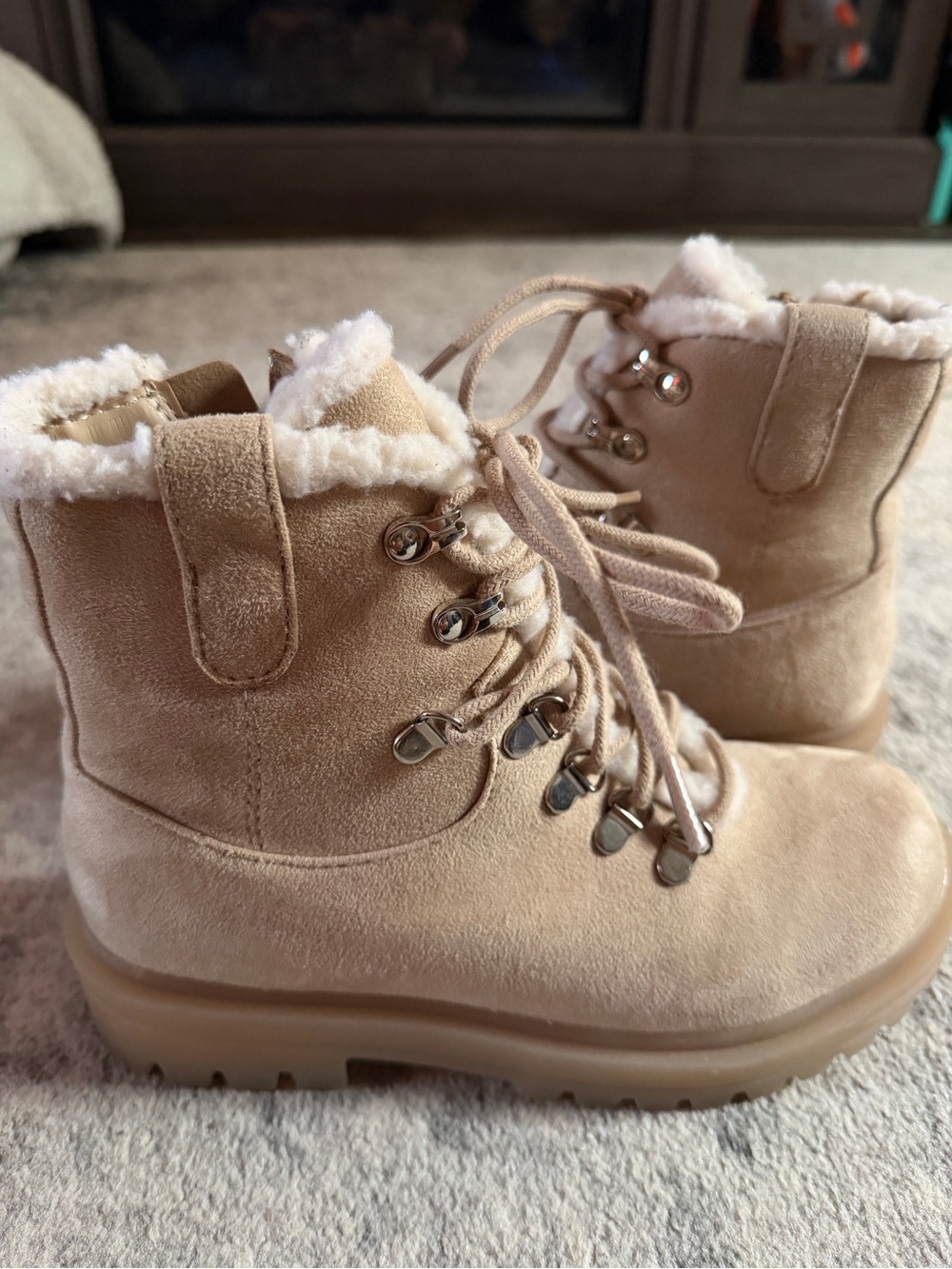 SODA Beige Faux Suede Faux Fur Lace Up Combat Boots